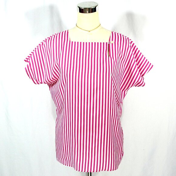 Vintage Lady Arrow Mistique Pink White Striped Button Blouse Top Tunic L 1980s - Picture 1 of 6